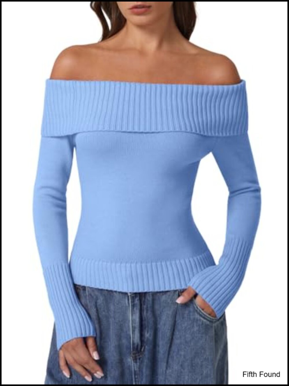 Off Shoulder Ribbed Knit Sweater Cotton Long Sleeve Slim Fit Pullover Top